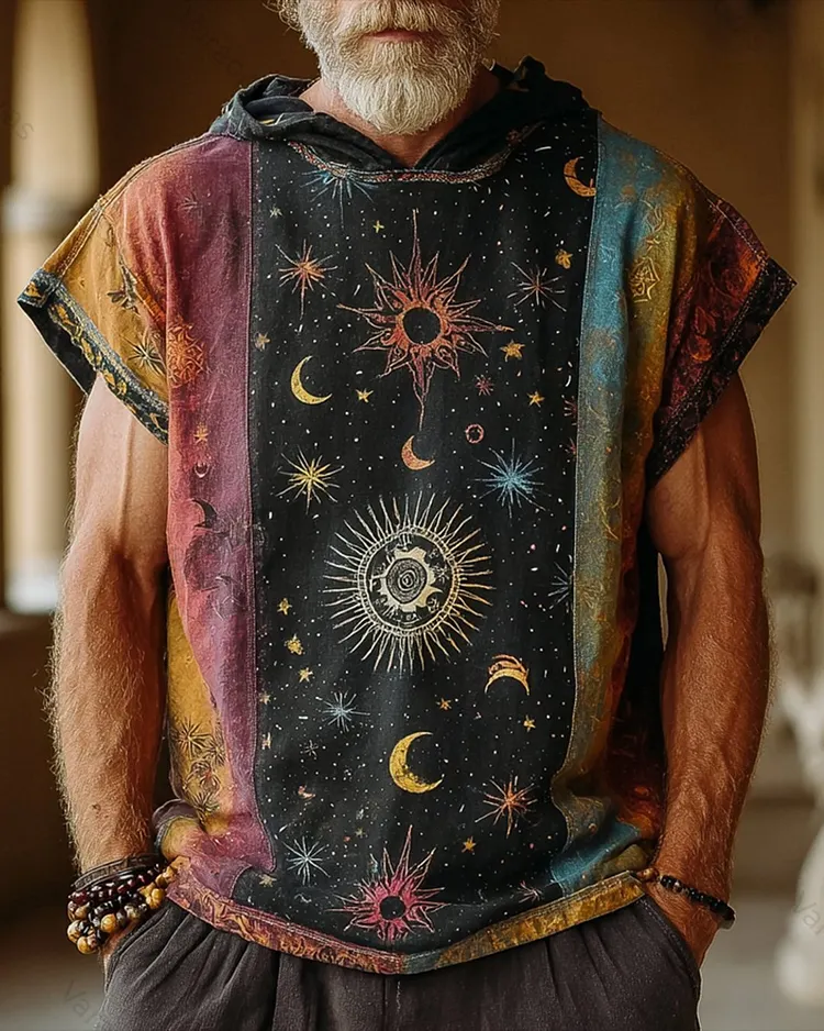Men's Summer Fashion Star and Moon Embroidery Color blocking Linen T-Shirt 8864