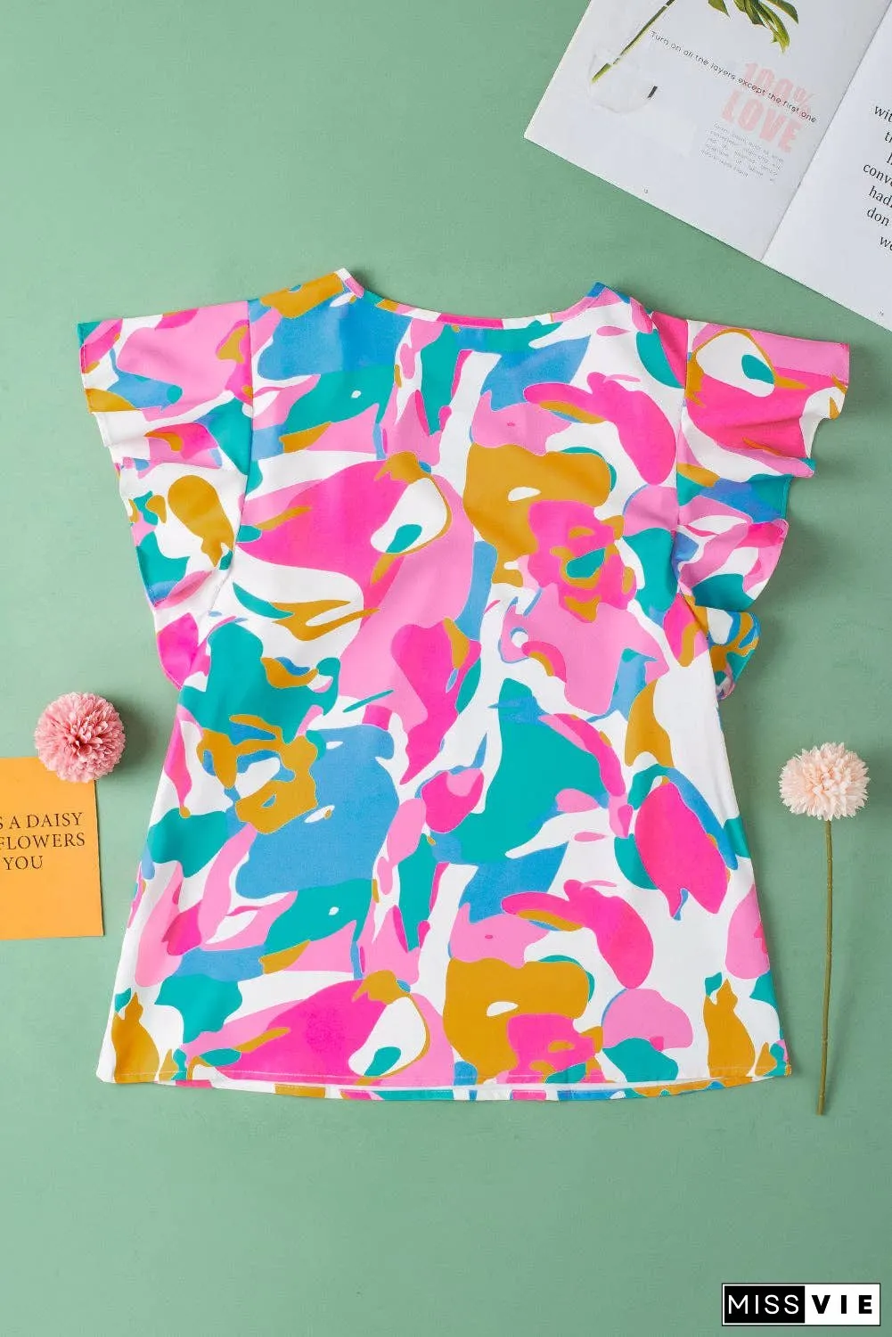 Multicolour Abstract Print Notched Neck Flutter Sleeve Blouse