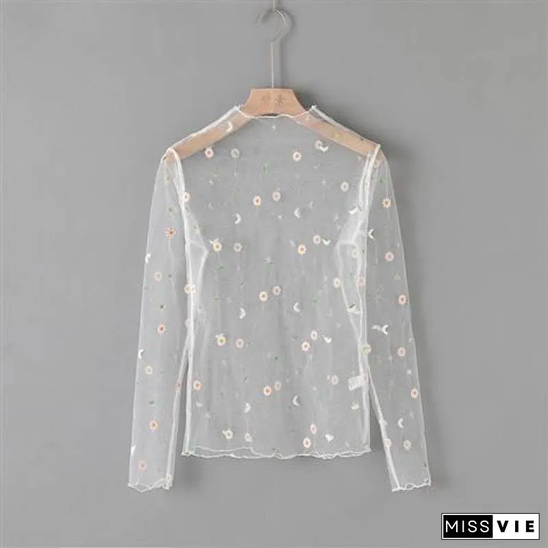Mesh flower pattern long sleeve top