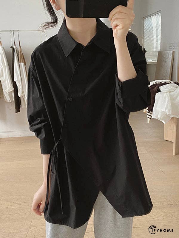 Loose Long Sleeves Frenum Solid Color Lapel Blouses | IFYHOME