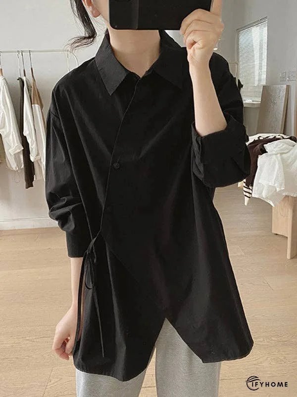 Loose Long Sleeves Frenum Solid Color Lapel Blouses | IFYHOME