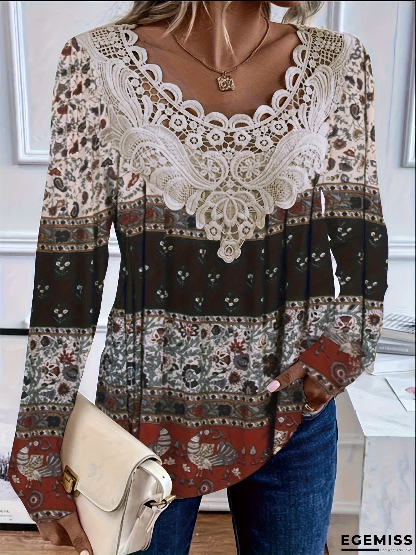 Plus Size, Women's Plus Size Elegant Scottish Paisley Print Long Sleeve Blouse with Lace Trim Collar & Contrast Lace Sleeve Edges - Bohemian Scottish-Inspired Maxi Top, All-Season Casual to Formal Wear | EGEMISS