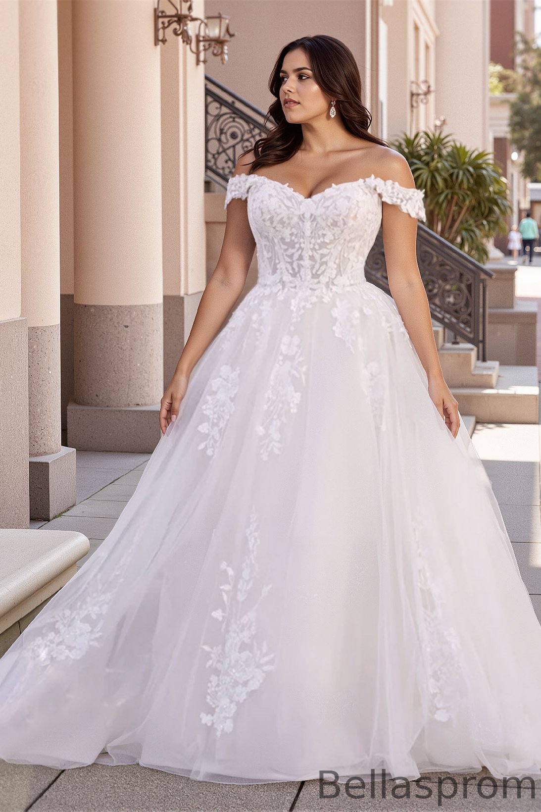 Bellasprom Off-the-Shoulder Plus Size Wedding Dress Tulle Long With Lace Appliques Bellasprom