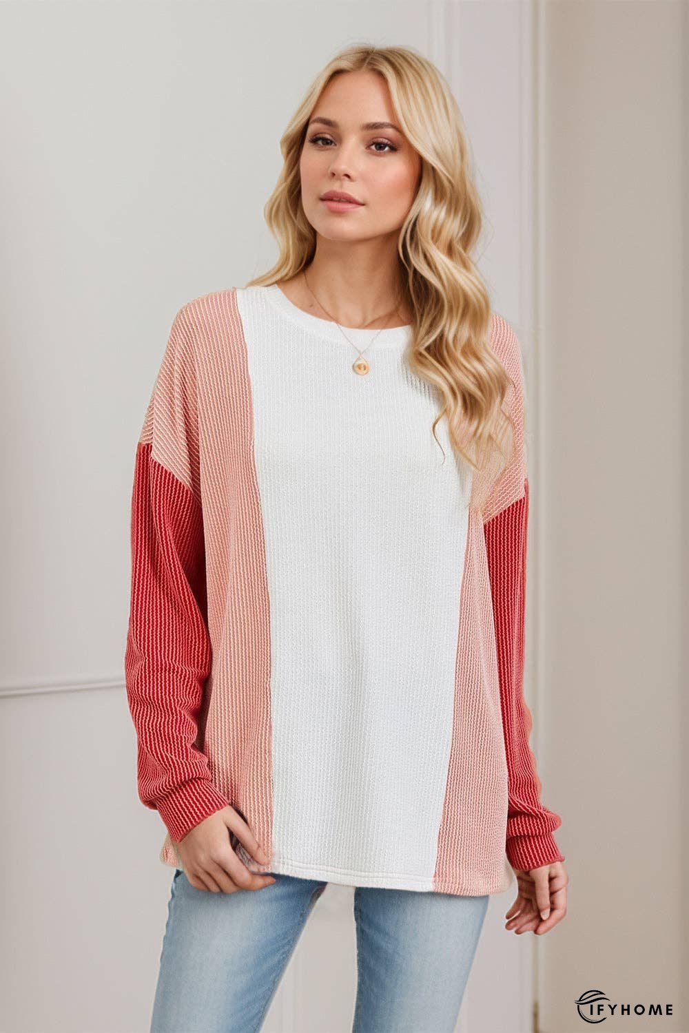 Double Take Texture Contrast Round Neck Long Sleeve T-Shirt | IFYHOME
