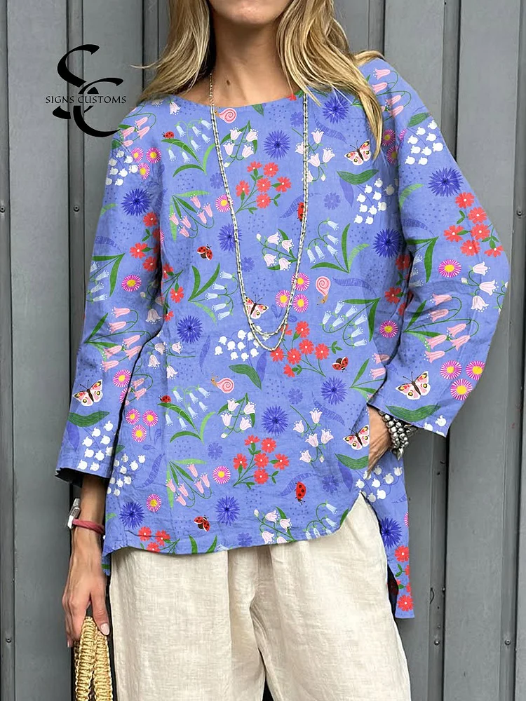 Women's Vintage Flower Art Print Casual Linen Round-neck  Shirt