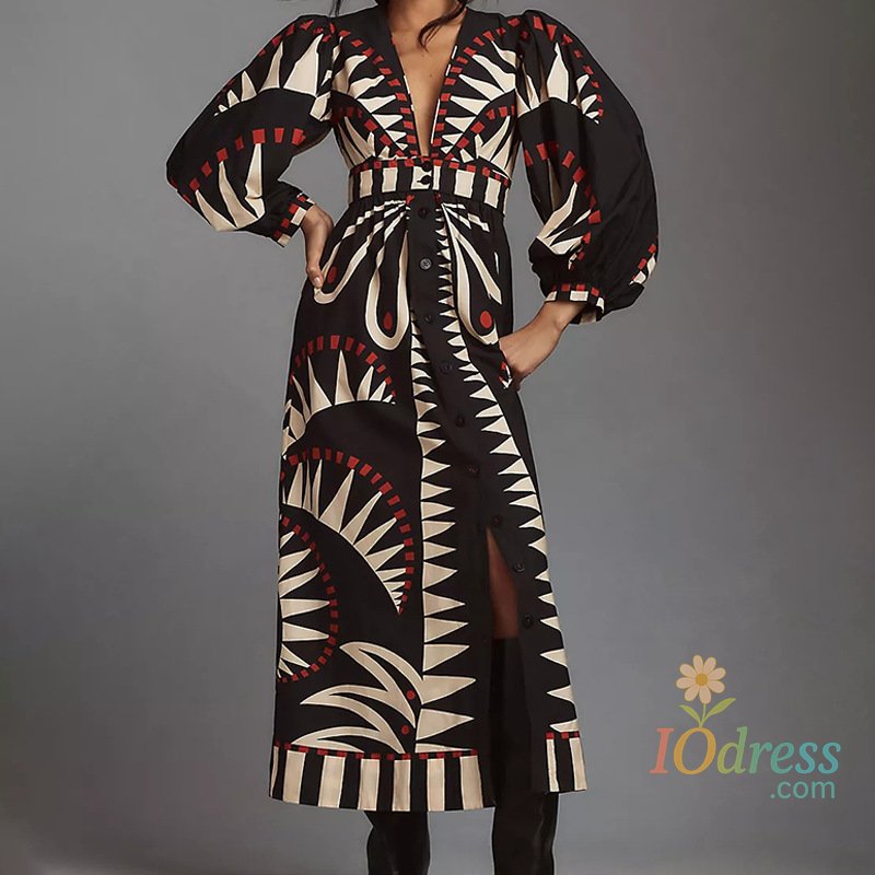 IO Dress 2025 Spring Autumn Retro Women's Robe Black V-neck Lantern Sleeve Fashion Single-breasted Printed Waist A-line Dress Bohemian IO Dress