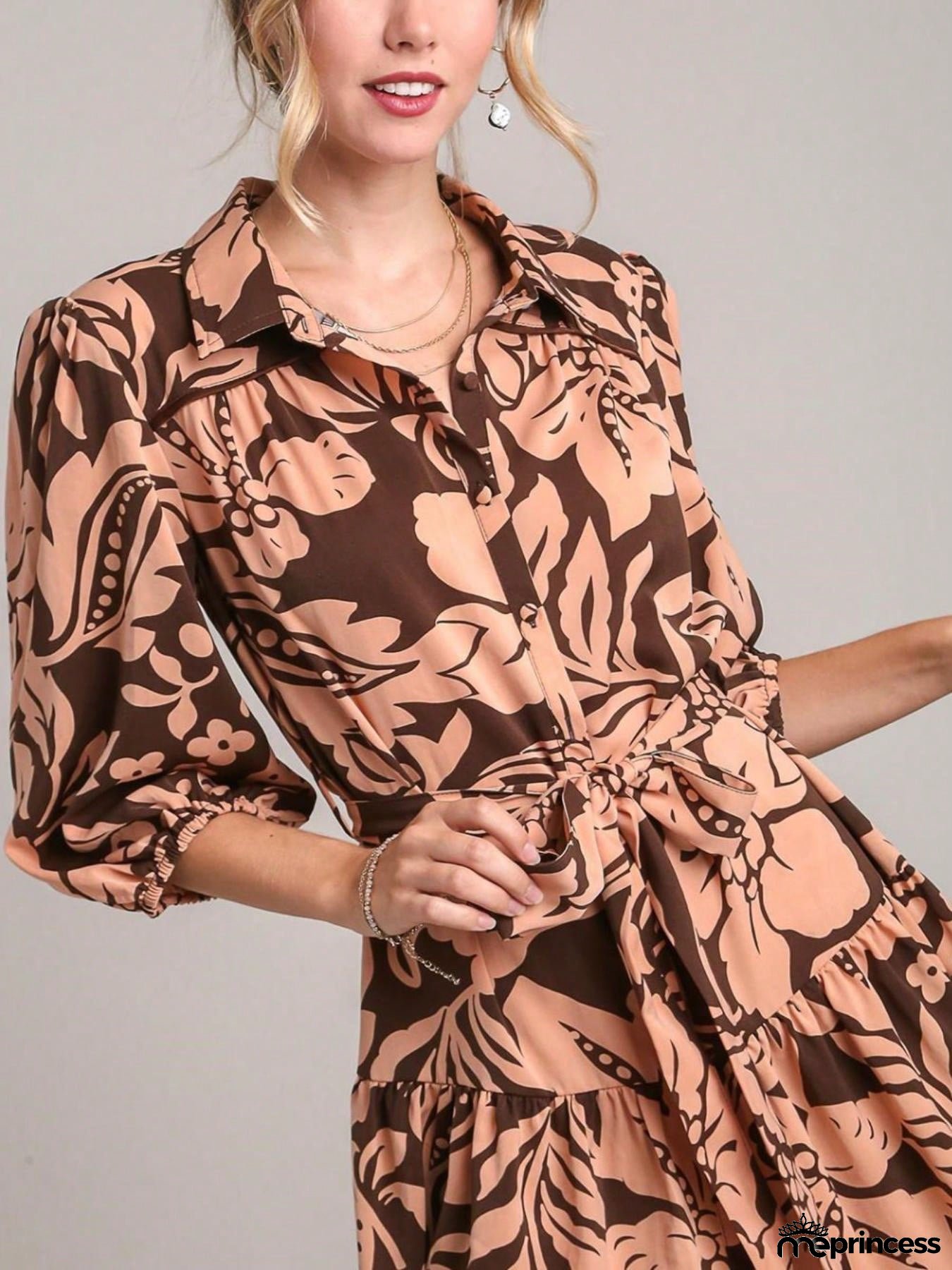 Womens Casual Bohemian Chic Floral Paisley Print Ruffle Hem Mini Dress Brown Peach Three Quarter Length Balloon Sleeves V Neck Flowy Aline Silhouette Perfect For Spring Summer Day Party Beach Vacation