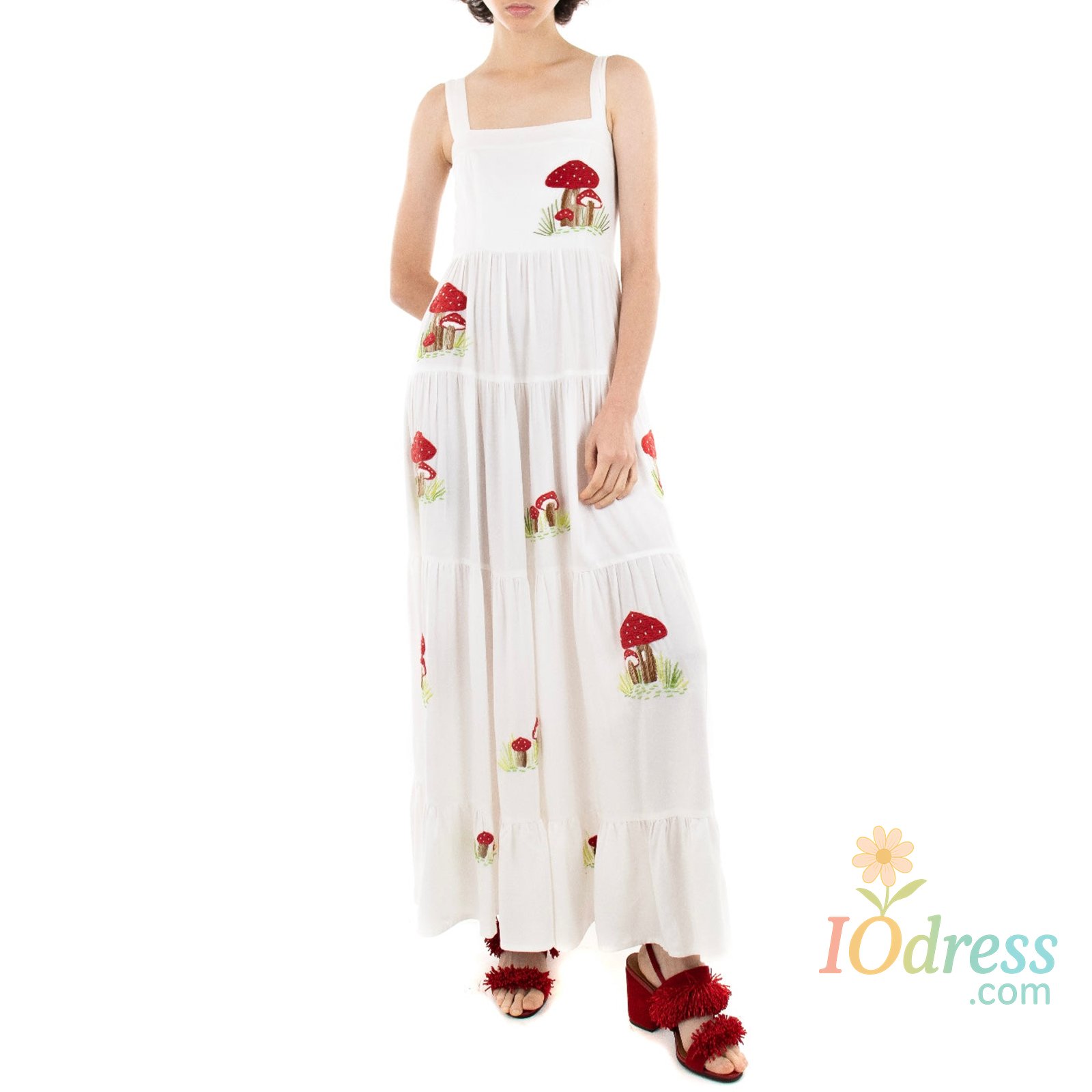 IO Dress Imcute Women Cute Embroidered Maxi Dress Beach Dress Summer Boho Ruffle Long Dress Spaghetti Strap Flowy Maxi Dress