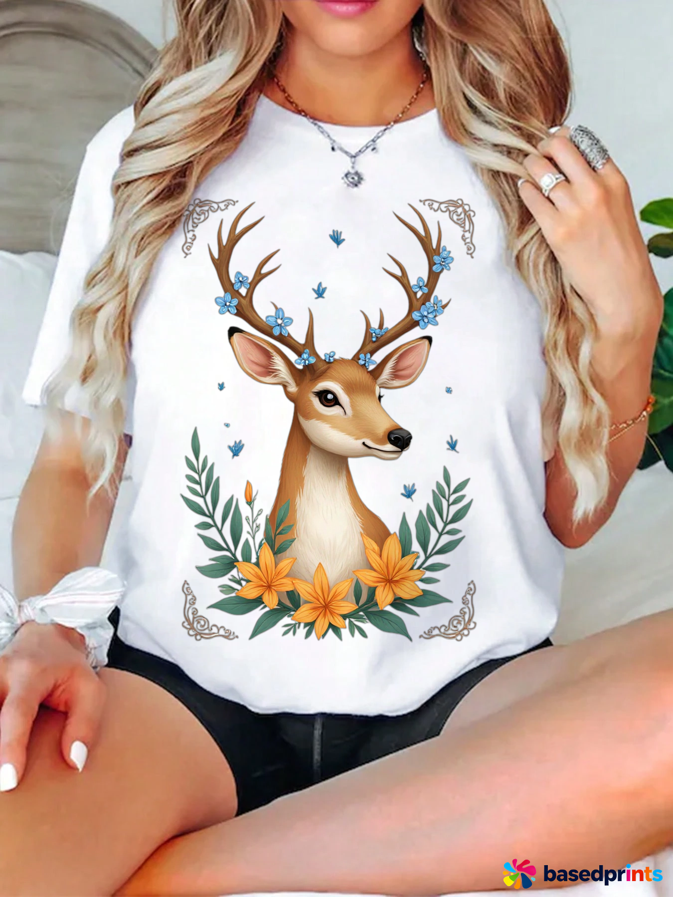 White Deer Print Short Sleeve T-Shirt