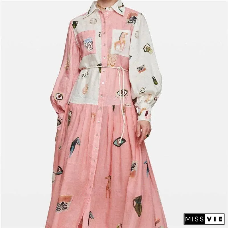 Floral Print Long Sleeve Tie-Waist Swing Dress