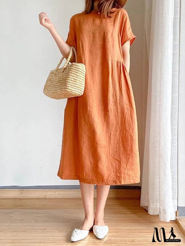 Casual Loose Solid Color Round-Neck Midi Dresses