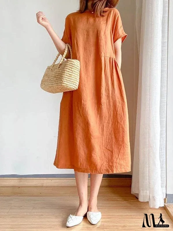 Casual Loose Solid Color Round-Neck Midi Dresses
