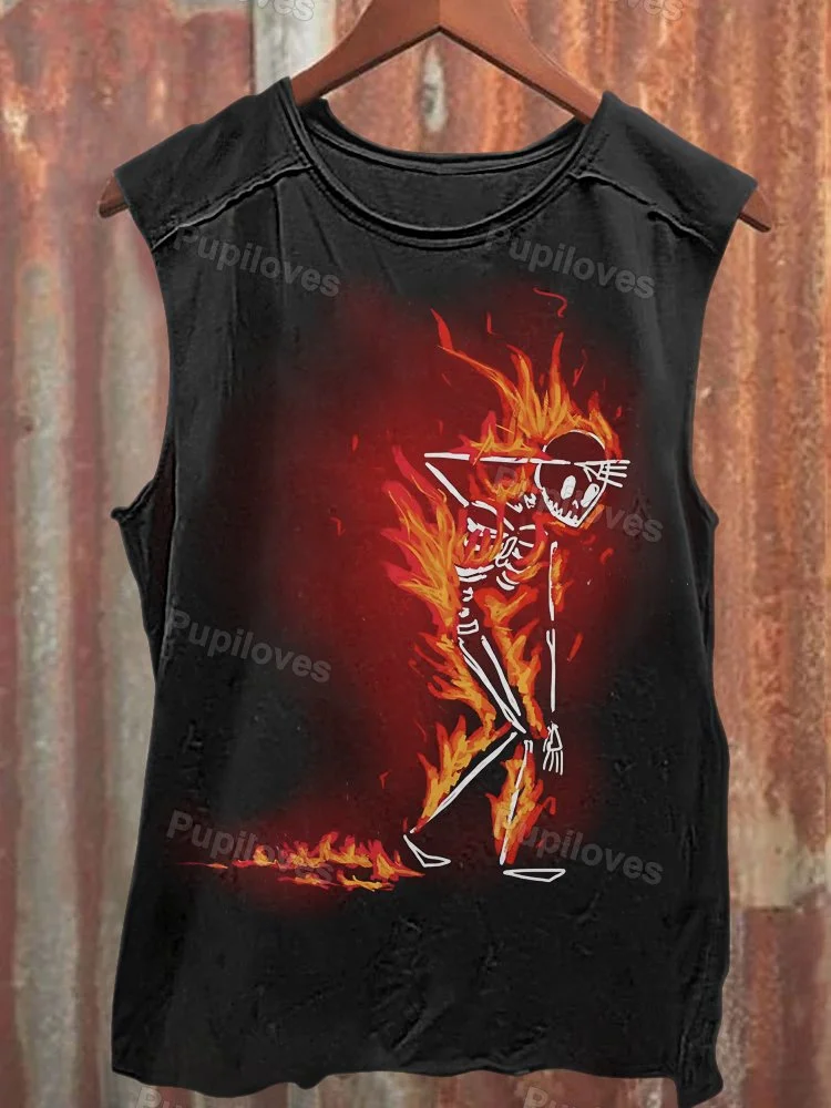 Pupiloves Pupiloves Burning Skull Printed Casual Tank Top