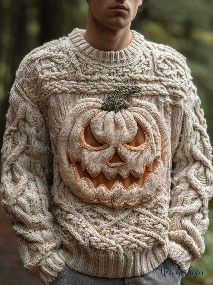 Halloween Pumpkin Light Art Men's Chunky Knit Crew Neck Sweater