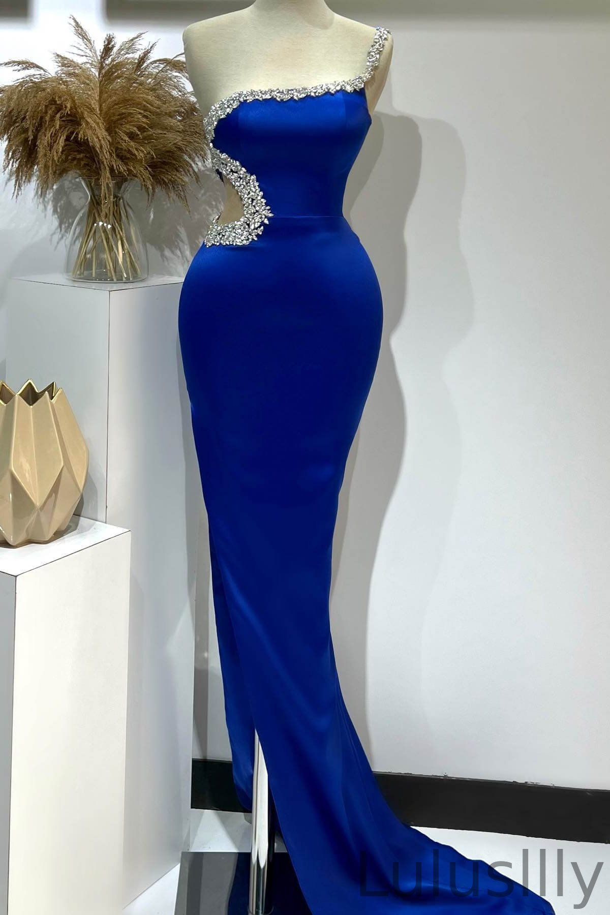Chic Royal Blue One Shoulder Sleeveless Mermaid Evening Gown With Crystals - lulusllly