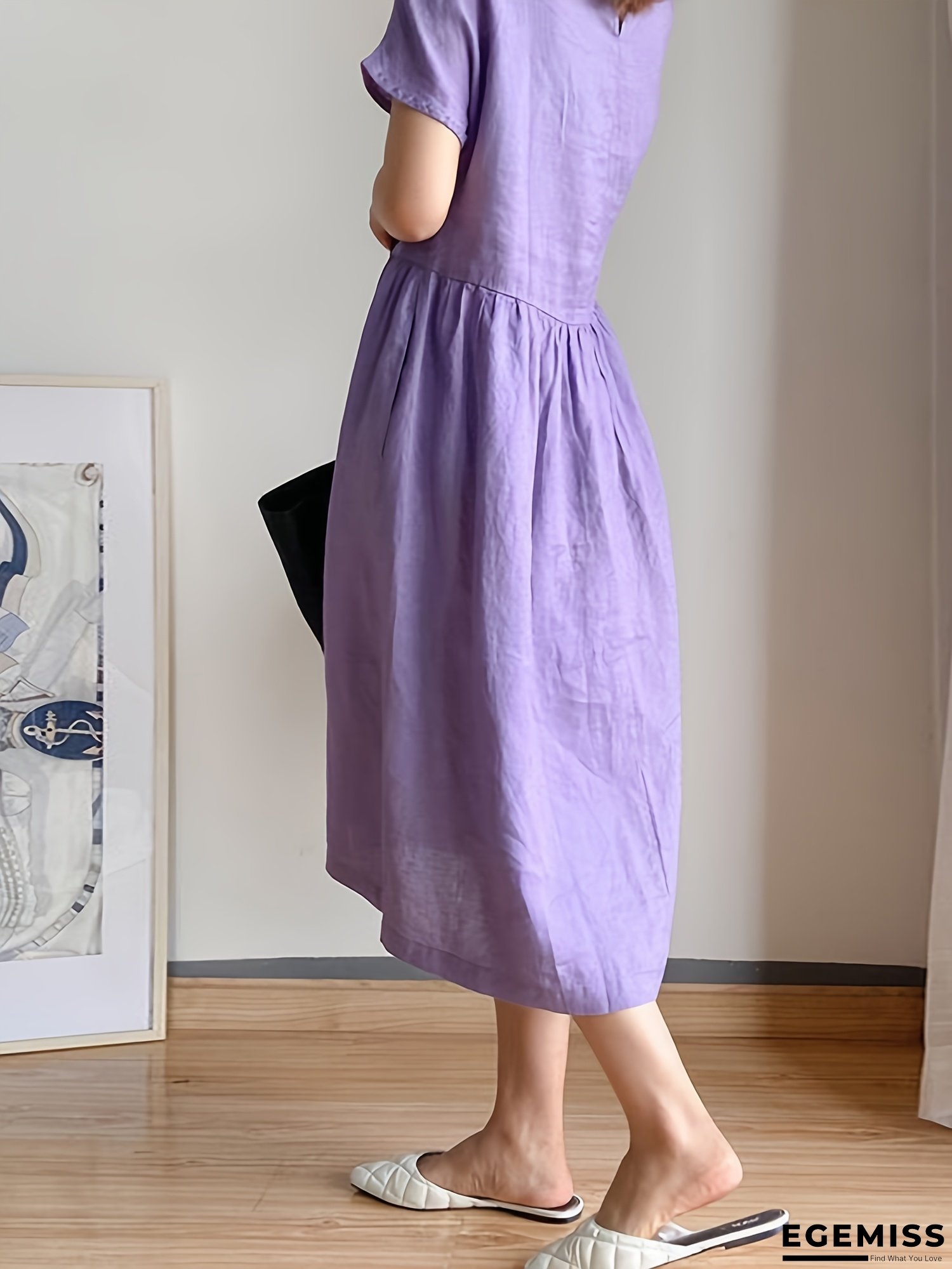 Plus Size - Women's Plus Size Summer Midi Dress - Short Sleeve, Round Neck, Solid Color, Lightweight Linen Blend, Casual Beach Dress With Pockets, Casual Summer Dress | Round Neck Dress | Linen Blend Fabric, Beach Dress | EGEMISS