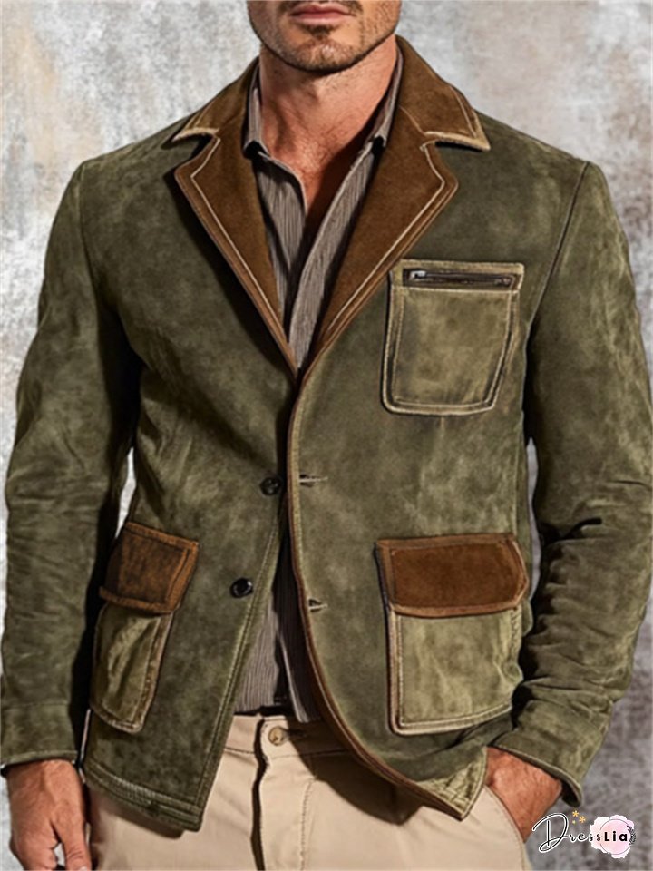 Autumn and Winter Men's Retro Suede Colorblocking Lapel Jacket