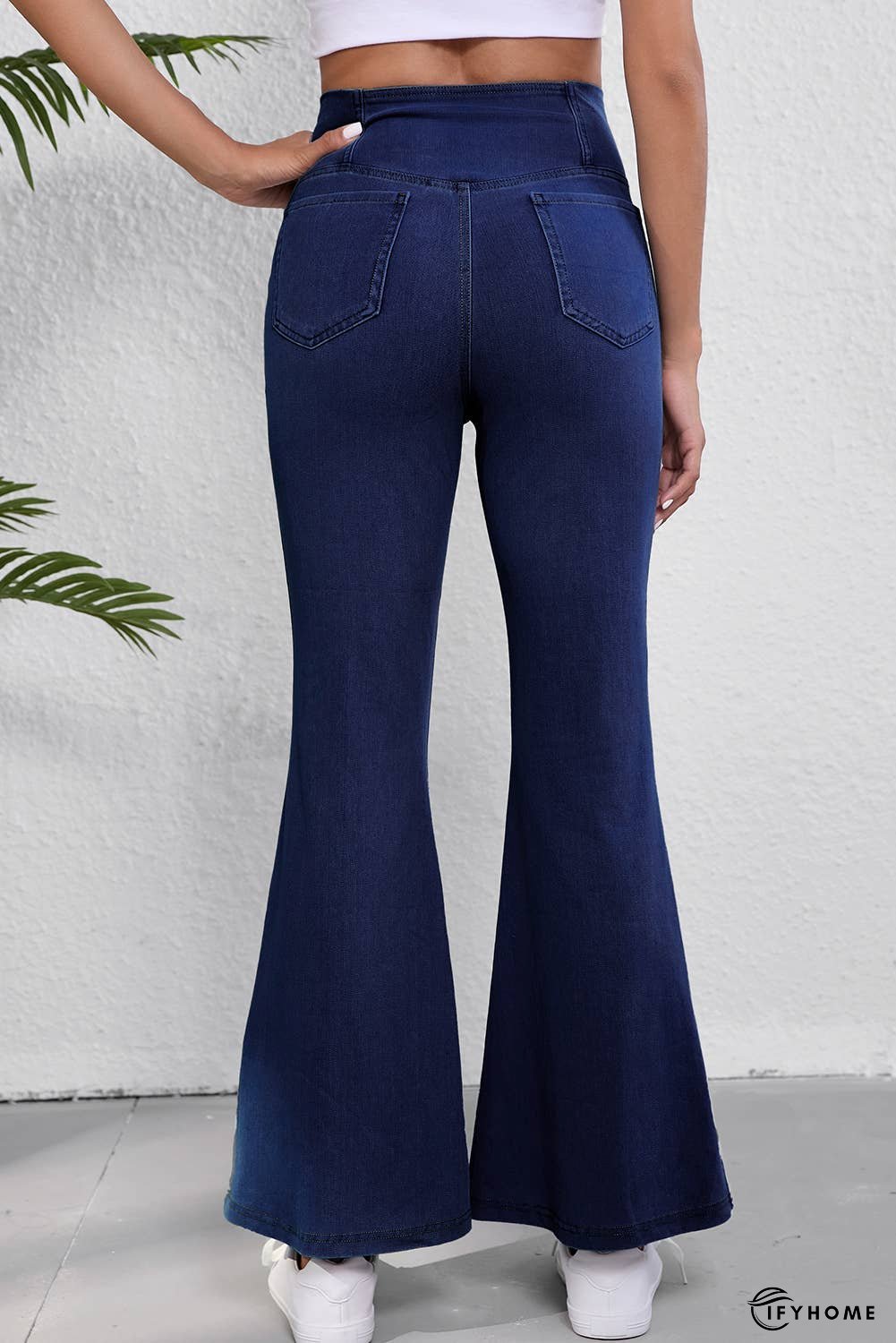 Solid Crossed Waist High Elastic Fit Flare Jeans | IFYHOME