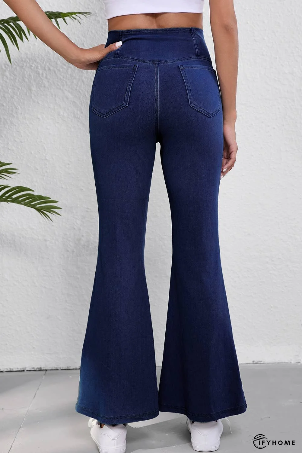 Solid Crossed Waist High Elastic Fit Flare Jeans | IFYHOME