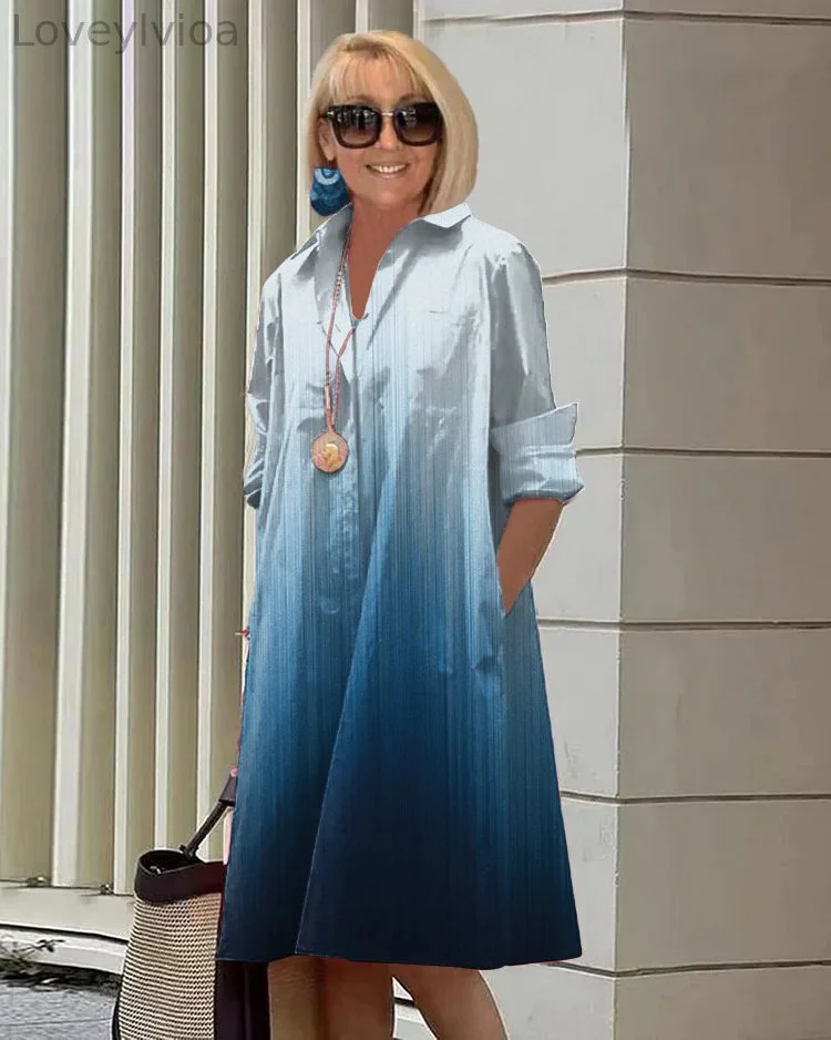 Spring and Summer Haze Blue Gradient Long-sleeved Pocket Shirt Dress
