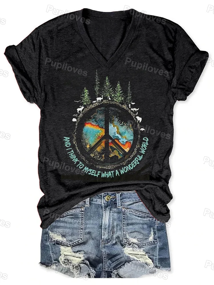 Pupiloves Pupiloves  And I Think To Myself What A Wonderful World Art Casual T-shirt