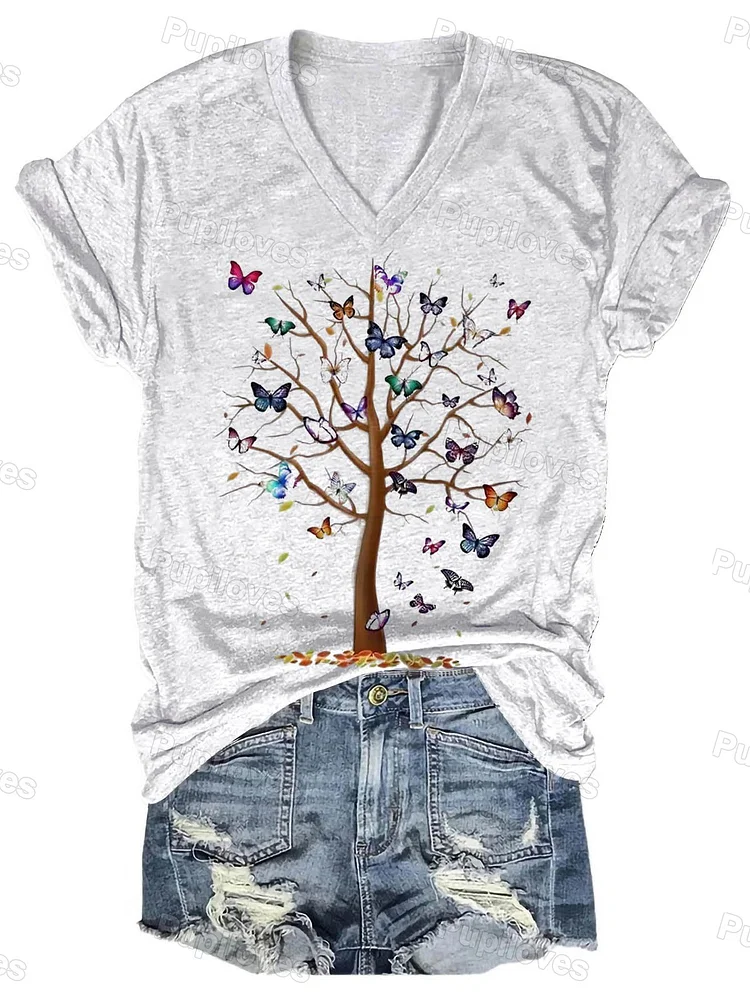 Pupiloves Pupiloves  Butterfly Tree Art Casual T-shirt