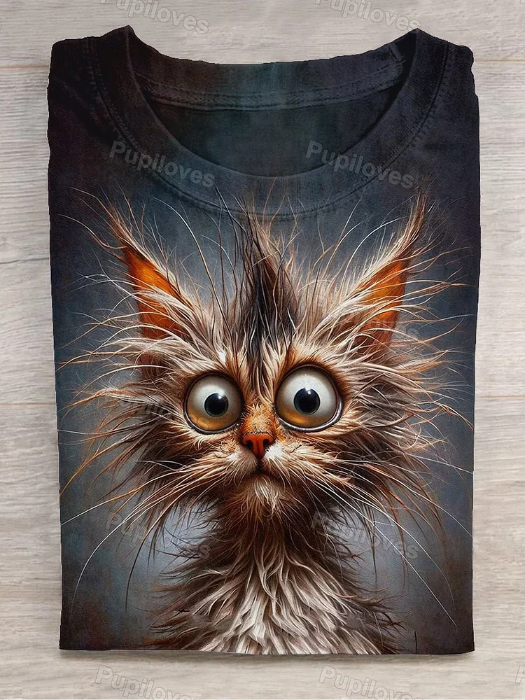 Pupiloves Pupiloves Unisex Afro Cat Art Print Round Neck Short Sleeve T-Shirt