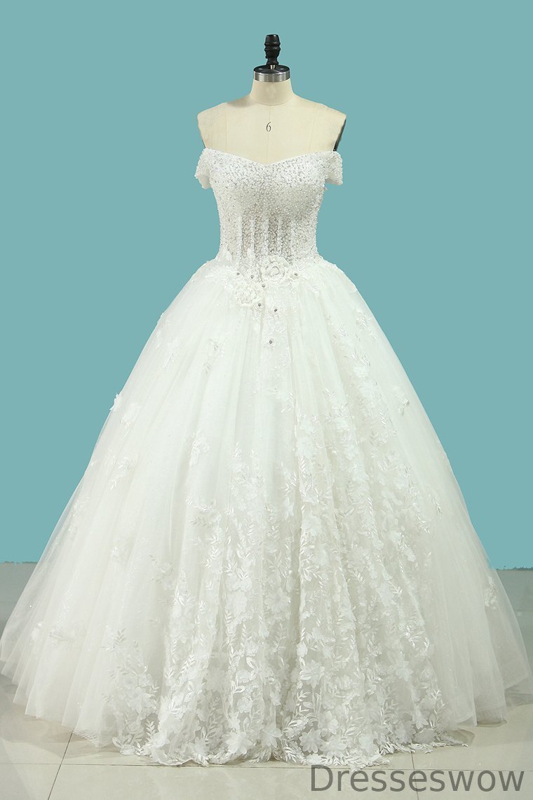 Dresseswow Off-the-Shoulder Lace Appliques Wedding Dresses With Sequins