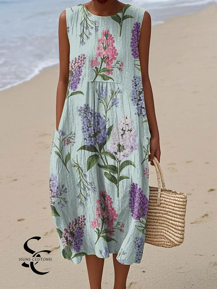 Women's Vintage Floral Art Print Sleeveless Cotton Pocket Wrap Dress