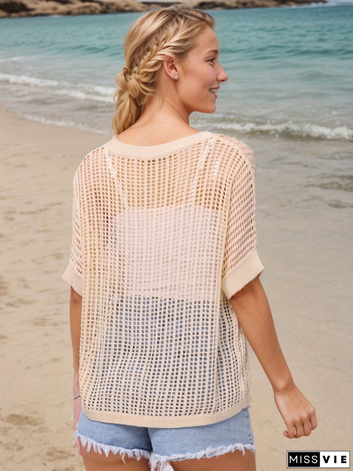 Women's Light Pink Crochet Knit Top - Short Sleeve, Round Neck, Hollow Out Design, Casual Beach Coverup for Spring/Summer/Fall, Summer Fashion Top | Relaxed Fit Clothing | Knit Construction, Crochet Yarn