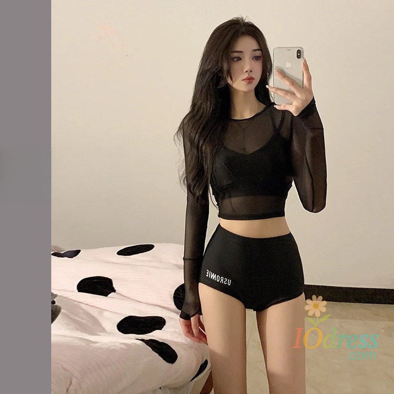 IO Dress 2025 New Swimsuit Women's Three-piece Split Sexy Belly Cover and Thin Fairy Fan Long-sleeved Sunscreen Swimsuit Swimwear Women