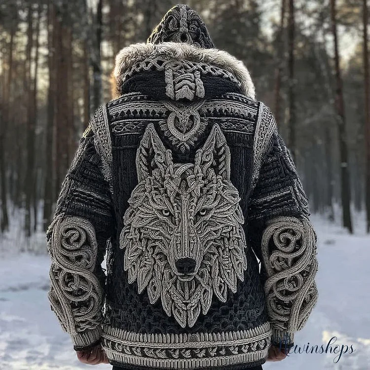 Men's Vintage Viking Wolf Pattern Knit Hooded Zipper Jacket