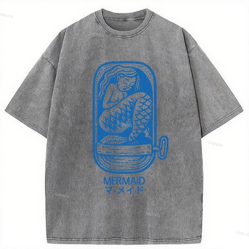 Vintage Mermaid Can Art Graphic Acid Washed T-shirt