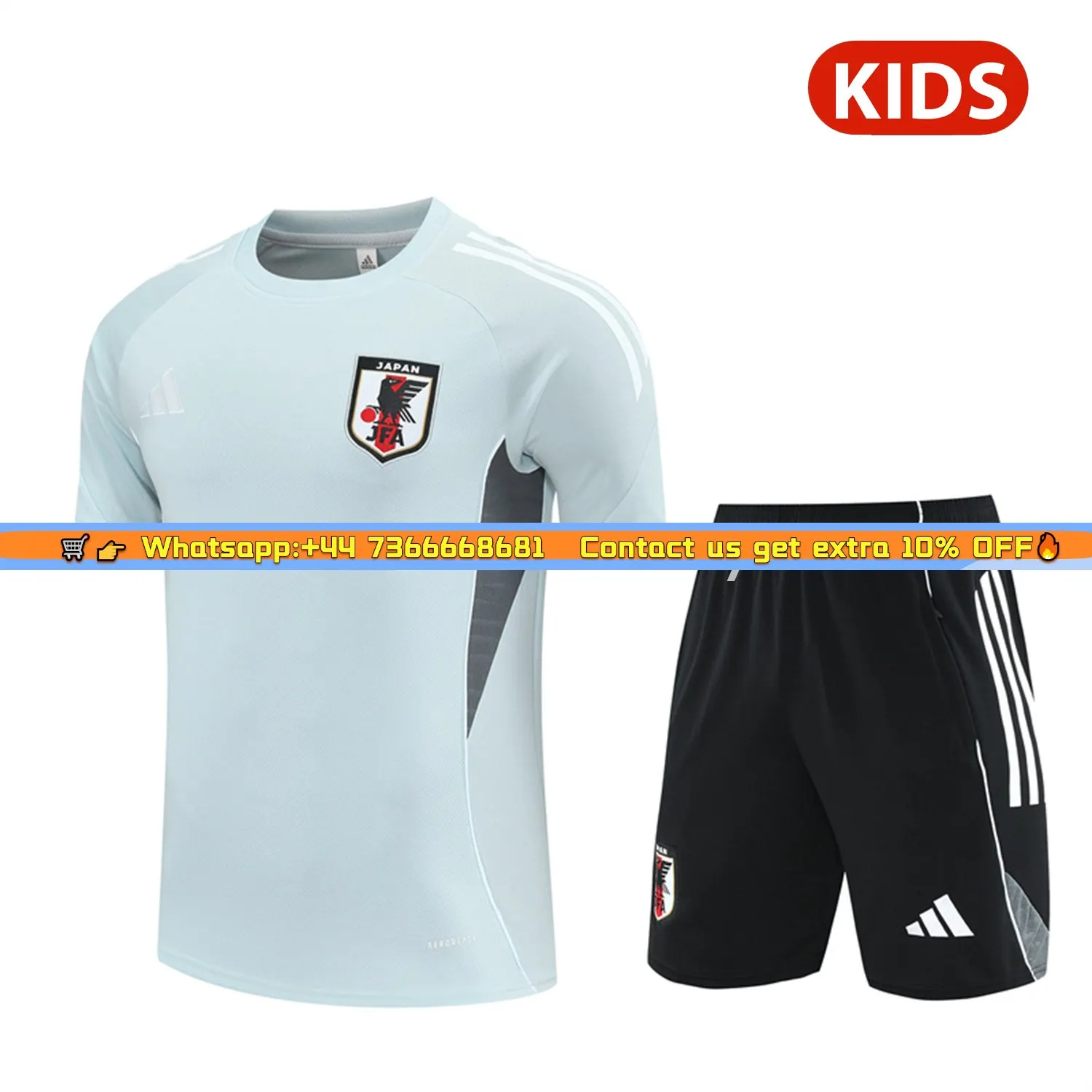 Japan 25-26 Kids Short-Sleeve Training Set - Light Blue Top and Black Shorts