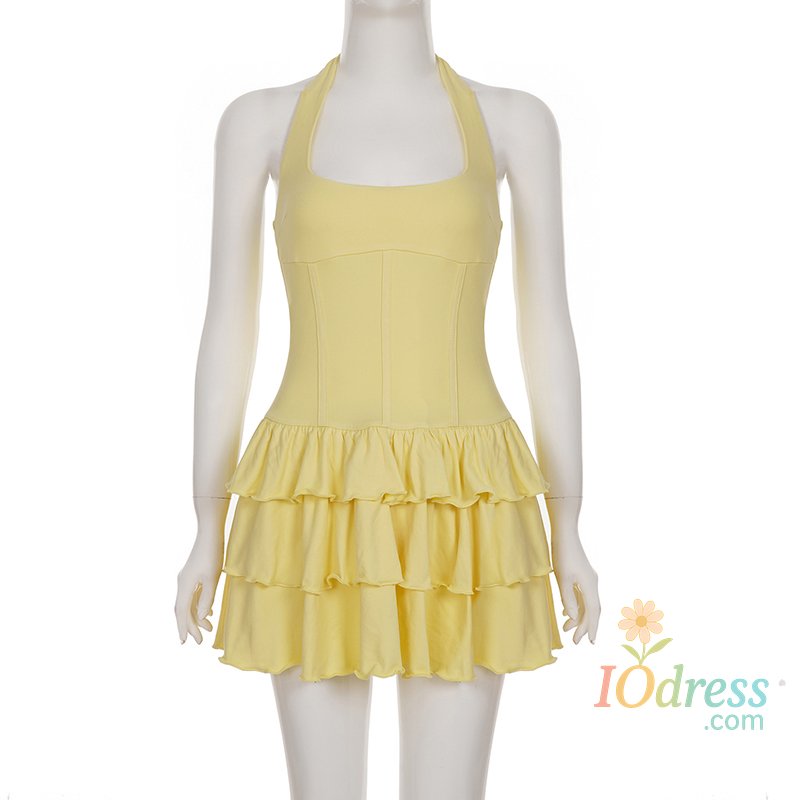 IO Dress Tornova Vacation Halter Mini Dress For Women Solid High Waist Puffy Dress Ruffled Splice Fashion Sexy Slim Dress 2025 Summer New IO Dress