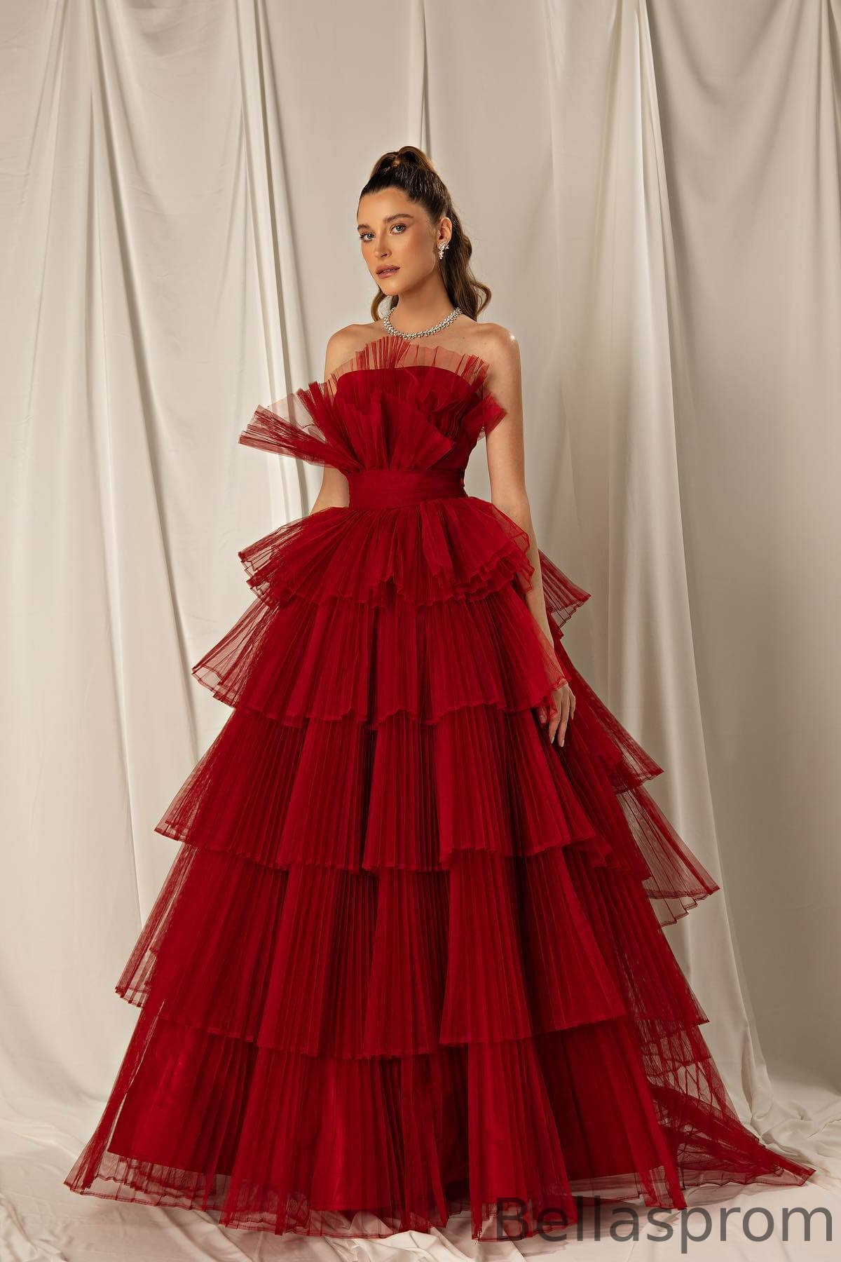 Bellasprom Burgundy Strapless Long Evening Dress Tulle Layered Online Bellasprom