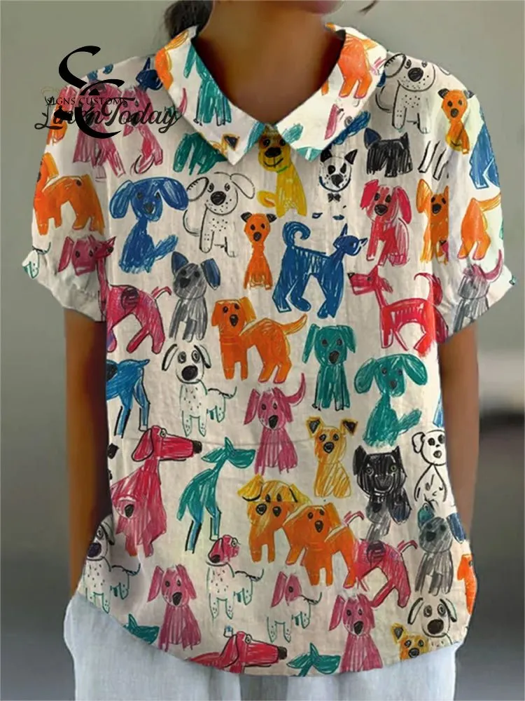 Women's Cute Kid Drawing Dog Print Casual Cotton And Linen Shirt