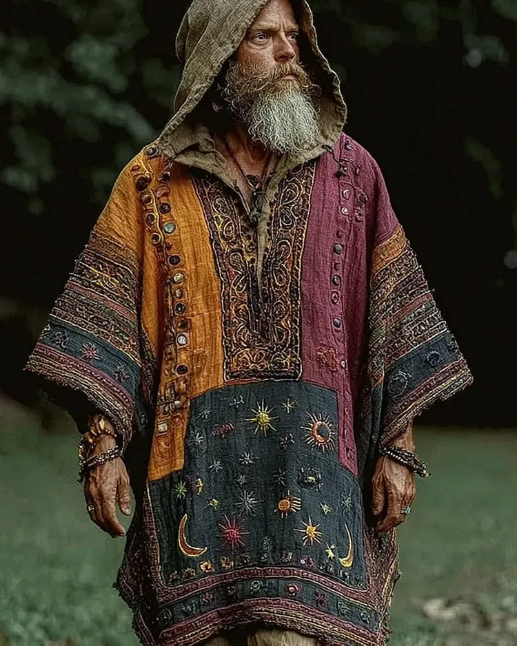 Men's Summer Star and Moon Embroidery Color Block Linen Hooded Kaftan 5295