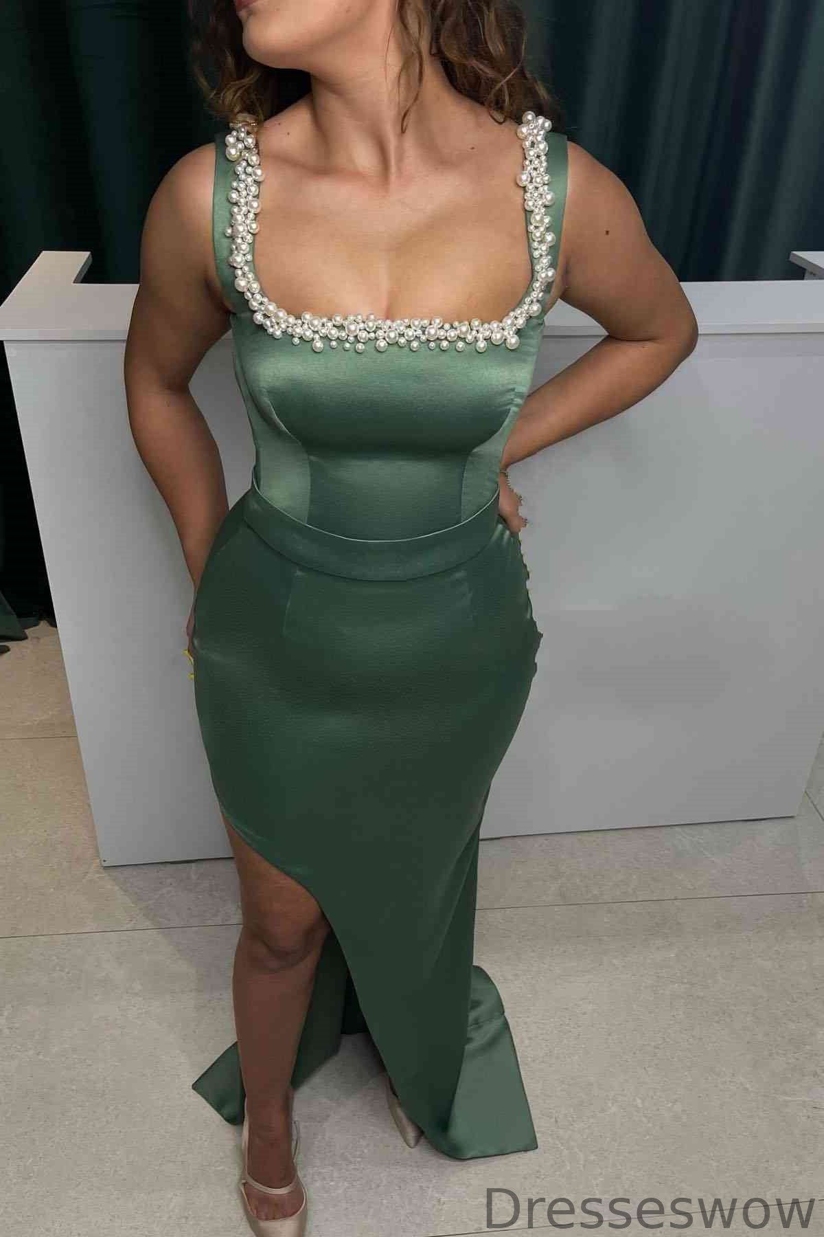 Dresseswow Dusty Sage Square Mermaid Prom Gown With Split Pearls Sleeveless