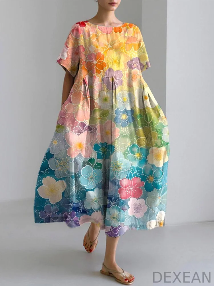 Colorful Floral Watercolor Art Cozy Cotton Linen Dress
