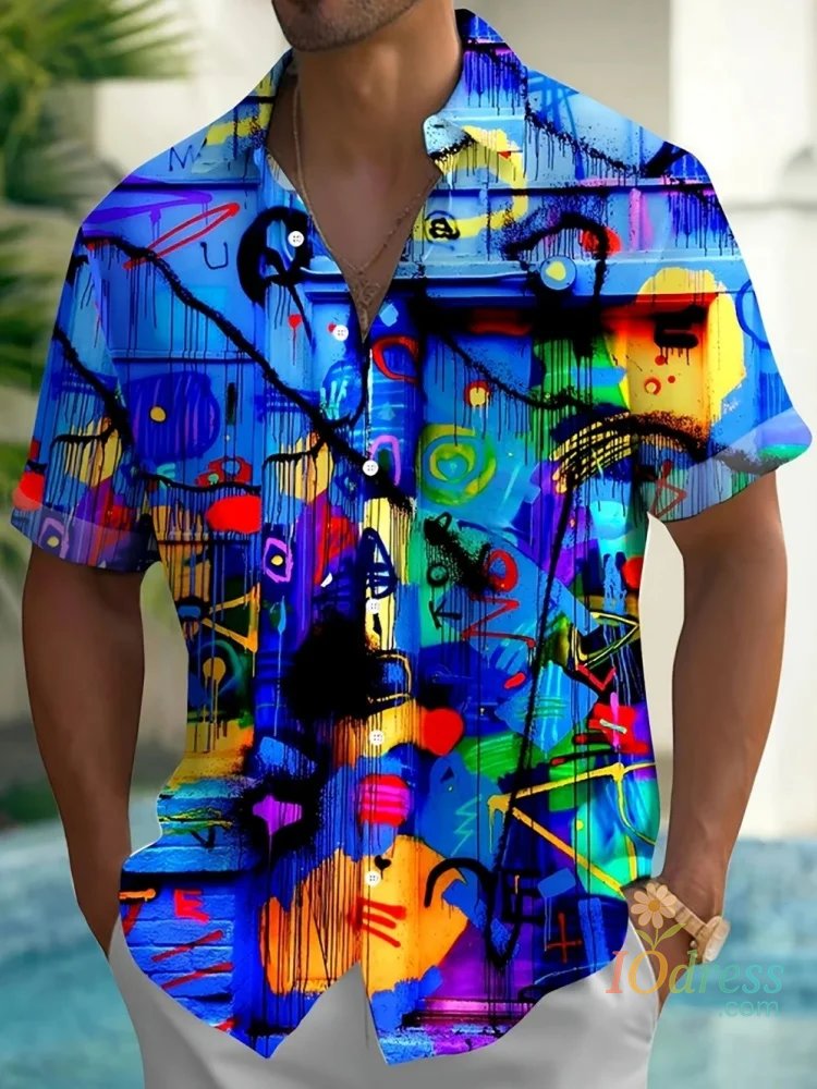 IO Menswear Men's Summer Casual Shirt Vibrant 3D Print Graffiti Art Short Sleeves Lapel Button-Up Top Stylish Streetwear Colorful Shirt Man
