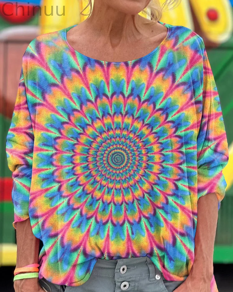 Tie-Dye Rainbow Circles Print Loose Round Neck Women's Long Sleeve T-Shirt