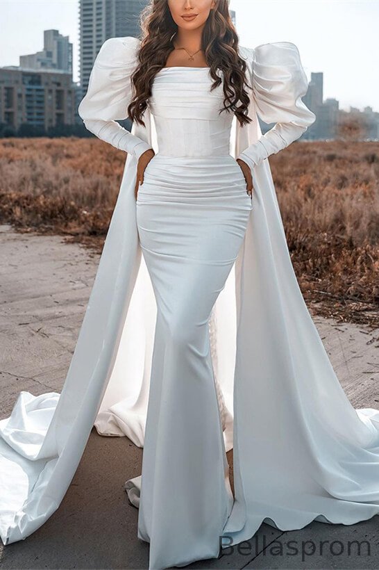 Bellasprom Bubble Long Sleeves Mermaid Wedding Dress Satin With Pleats Bellasprom