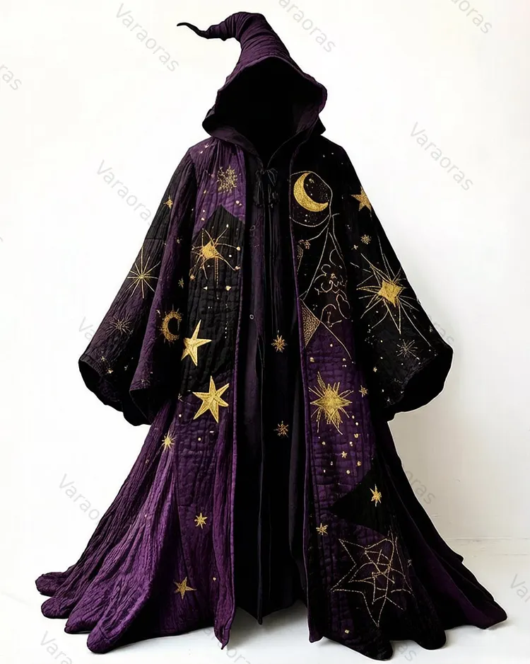 Men's Fashion Star and Moon Print Color Block Cotton Linen Hooded Cape  5818
