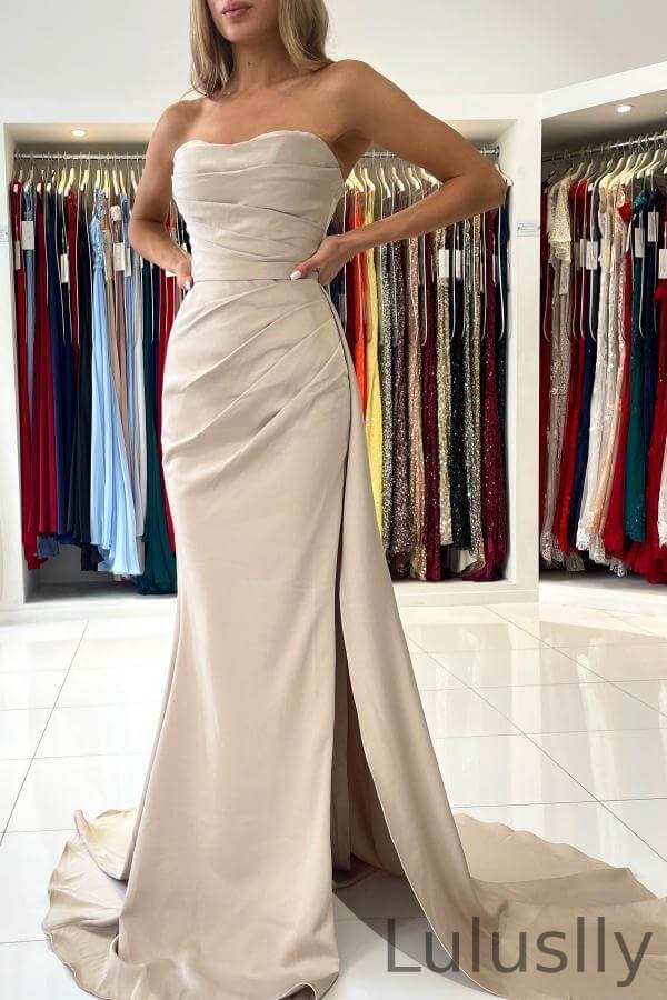 Luluslly Strapless Sleeveless Mermaid Evening Dress Slit With Ruffles