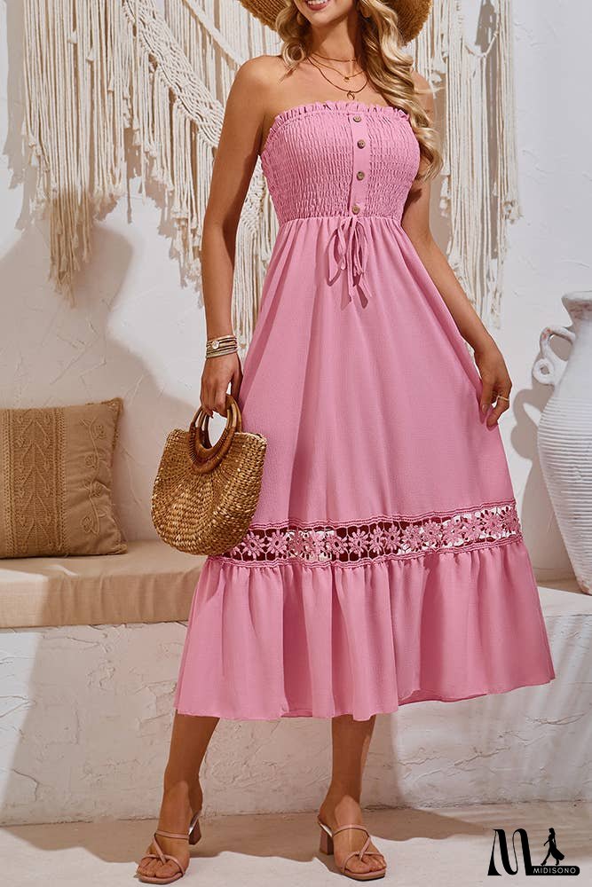 Spring Plain Strapless Smocked Buttoned Maxi Dress SN355