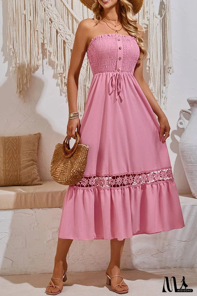 Spring Plain Strapless Smocked Buttoned Maxi Dress SN355