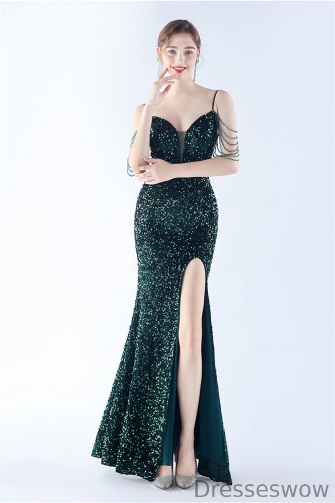 Dresseswow Sequins Mermaid Evening Dress Long V-Neck With Slit