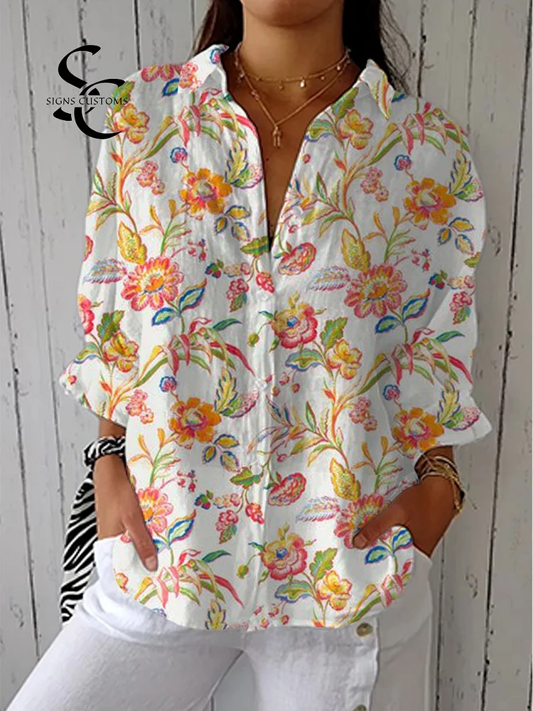 Women's  Vintage Flower Art Print Casual Linen V-neck Shirt