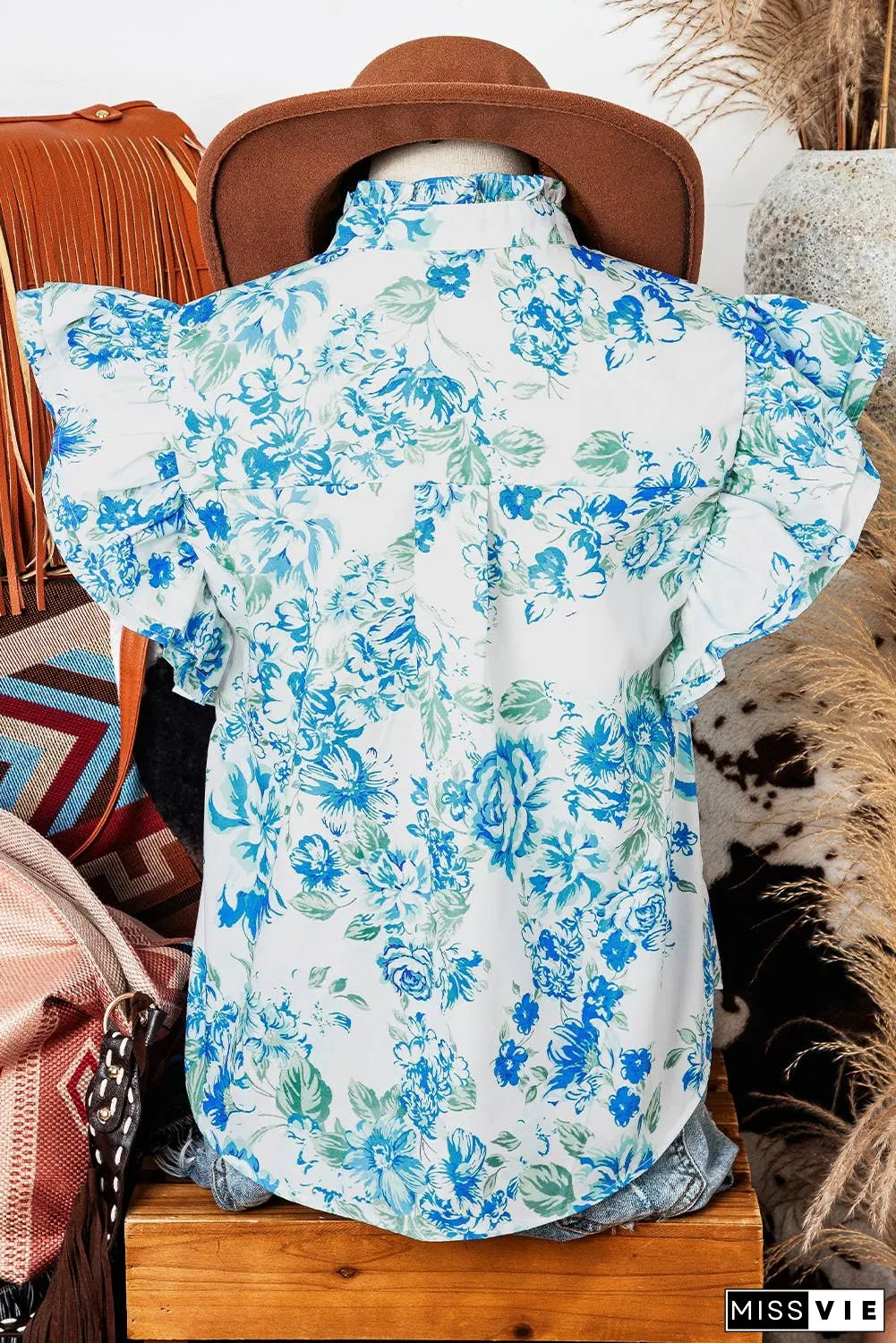 Fashion-W Floral Print Ruffle Sleeve Frilly Button Up Shirt